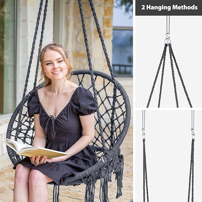 SUNCREAT Hammock Chair Hanging Macrame Swing with Hardware Kits, Max 330 Lbs, Handmade Knitted Mesh Rope Swing Chair for Indoor, Outdoor, Bedroom, Patio, Yard, Garden, Pack of 2, Grey