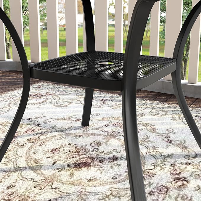 VICLLAX 7 Pieces Patio Dining Set, Outdoor Furniture Set Includes 47.2" Round Patio Table and 6 Patio Sling Chairs, Black Tabletop and Blue Fabric