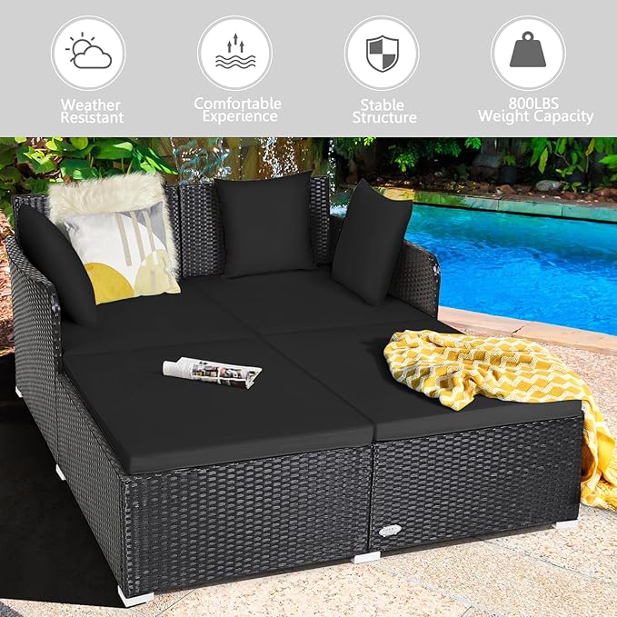 HAPPYGRILL Patio Rattan Daybed Outdoor Loveseat Sofa Set with Padded Cushion Pillows and Sturdy Aluminum Foot Wicker Patio Furniture for Garden Porch Poolside