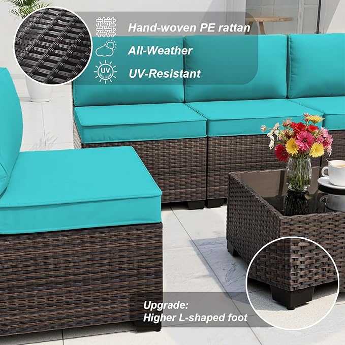 ALAULM Patio Furniture Set with Coffee Table, 14 Pieces Outdoor Sectional with Wide Seat and Thick Cushion, All Weather Wicker Rattan Conversation Set for Backyard, Garden, Deck, Turquoise