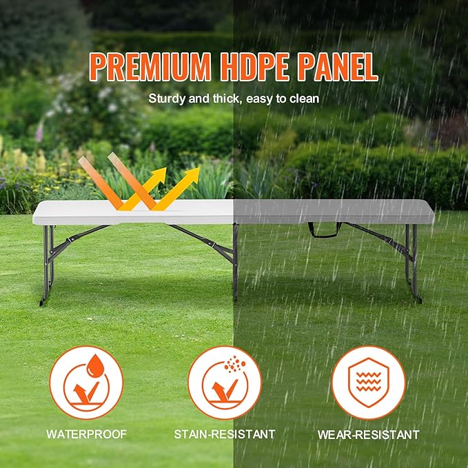 VEVOR Plastic Folding Bench, 6ft Portable Folding Bench, Smooth High Density Polyethylene Waterproof Outdoor Bench, Picnic Camping Table with Handle for Garden Soccer Playtime, White (1 Pack)