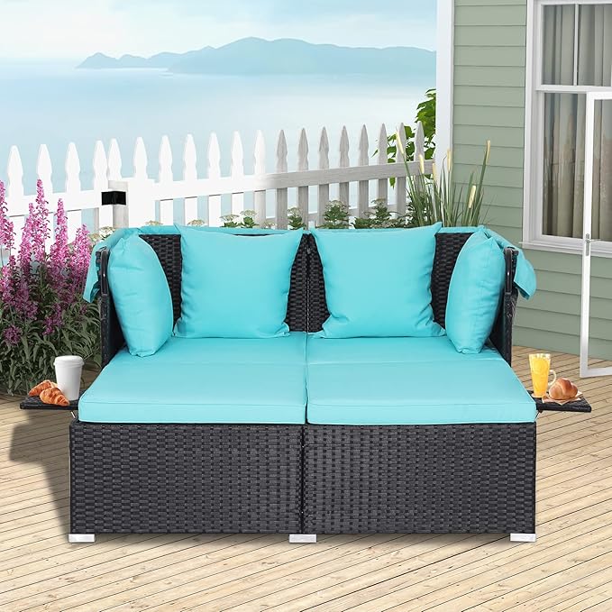 ORALNER Outdoor Daybed, 2-Person Wicker Patio Sofa with Retractable Canopy, Cushions & Pillows, 2 Side Trays, PE Rattan Double Sunbed Lounger for Deck Poolside Backyard Garden Balcony (Turquoise)