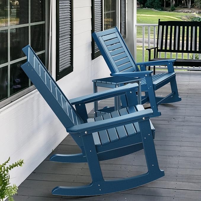 GREENVINES Outdoor Rocking Chair Set | 3-Piece | 2 Rocking Chairs with 1 Side Table | Porch Rocker | HDPE Plastic | Blue | Patio Furniture Sets | High Back | Big & Tall | Ladder Back