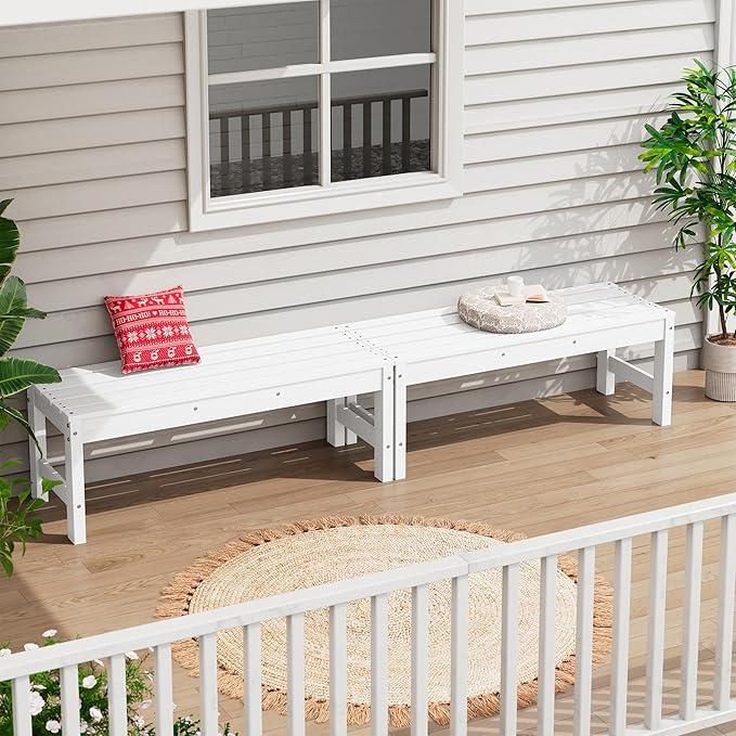 SERWALL 47 Inches Outdoor Bench Set of 2, All Weather HDPE Backless Bench with Wood Grain Texture for Garden Porch and Park, Curved Bench Seat for Comfort, White