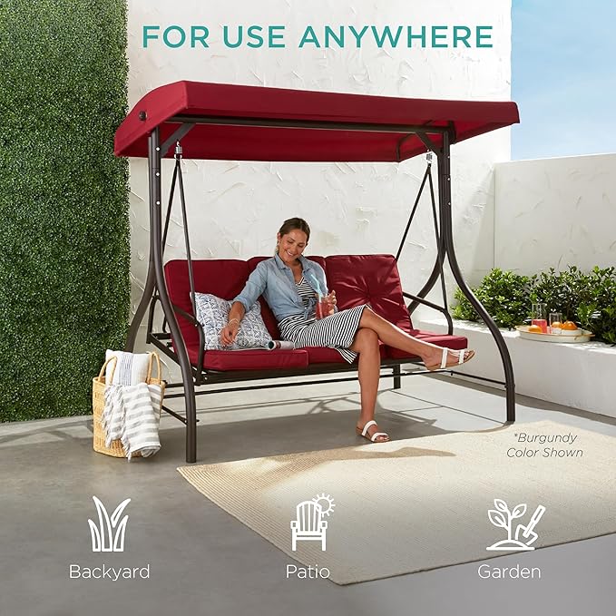 Best Choice Products 3-Seat Outdoor Large Converting Canopy Swing Glider, Patio Hammock Lounge Chair for Porch, Backyard w/Flatbed, Adjustable Shade, Removable Cushions - Peacock