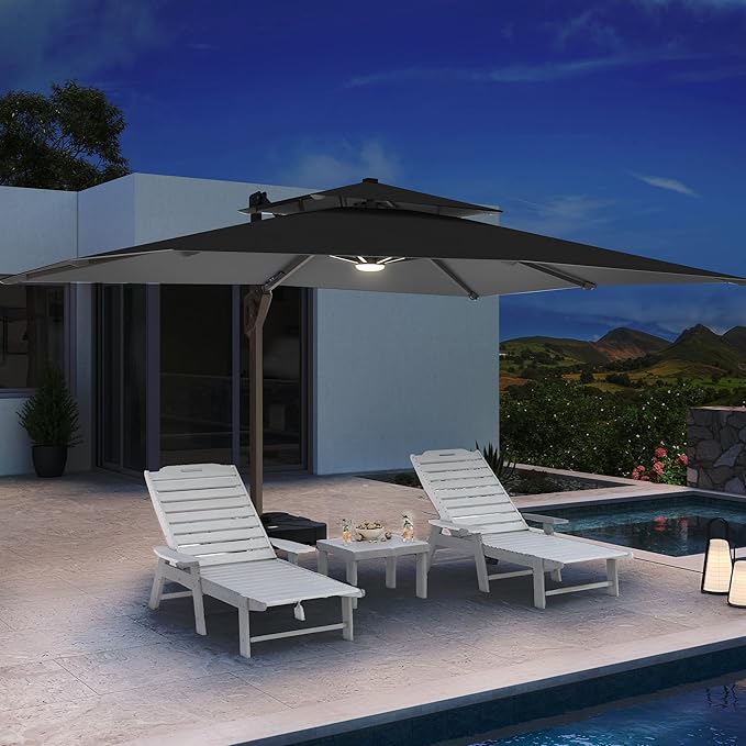 10 X 13 FT Cantilever Patio Umbrella with LED Lights Outdoor Heavy Duty Double Top Windproof Rectangle Offset Umbrellas with 360-degree Rotation for Pool Deck Backyard, Grey