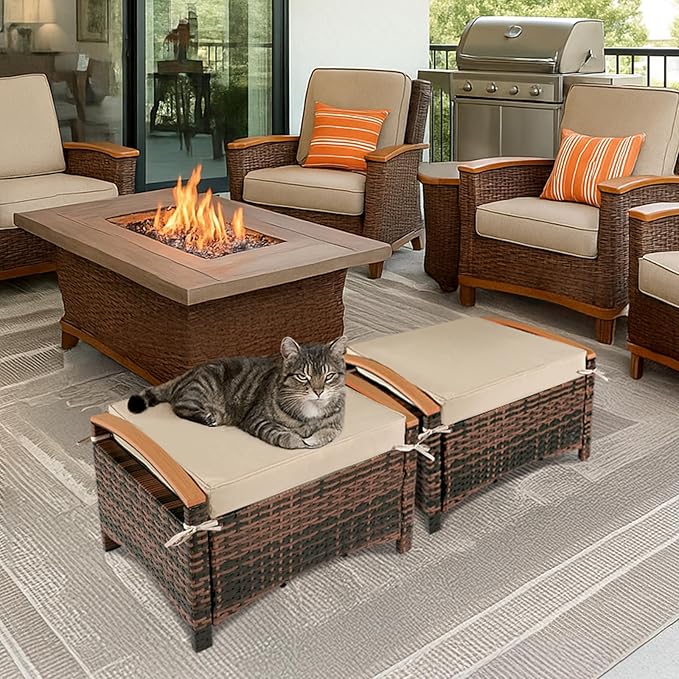 VINGLI Wicker Outdoor Ottoman Set of 2, All Weather PE Rattan Footstool for Patio w/Removable Cushions, Waterproof Rattan Foot Rest for Garden, Balcony, Poolside (Brown)