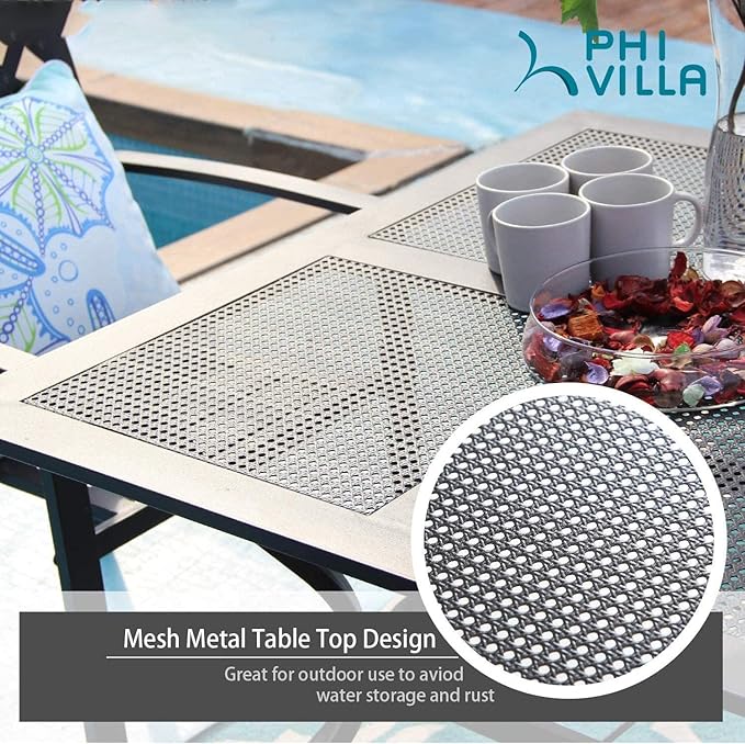 PHI VILLA 5 Pieces Outdoor Dining Set for 4, 37” Square Metal Steel Table with Mesh Tabletop & Swivel Wrought Iron Chairs with Cushions, Outside Furniture Set for Patio, Deck, Yard, Porch