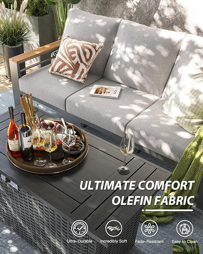 Aoxun Aluminum Outdoor Patio Furniture Set, 7 Seats Outdoor Sectional with Fire Pit Table, Patio Conversation Sets with Upgraded Armrests and Cushions for Backyard, Garden and Poolside（Grey）