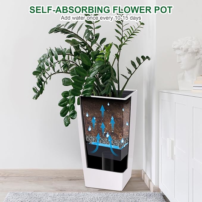 Garvee 30" Tall Planters Set of 2, Outdoor＆Indoor Black Planter Pots, High Front Porch Planter Pots with Drainage Holes＆Water Level Monitor＆Inner Bucket,White