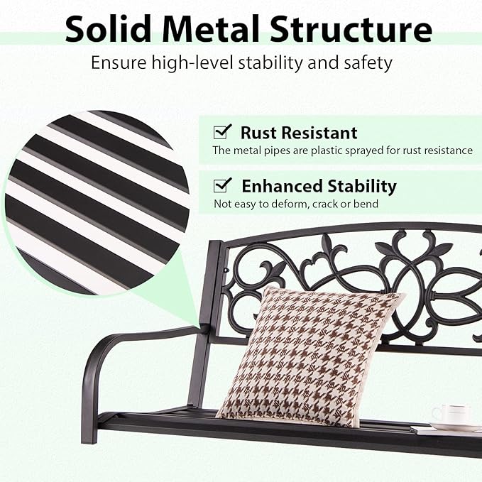 Giantex Patio Metal Porch Swing, 2-Person Hanging Porch Swing Bench with Sturdy Chains & Retro Pattern Backrest, 485 Lbs Weight Capacity Loveseat for Garden, Yard, Front, Outdoor Swing Chairs (Brown)