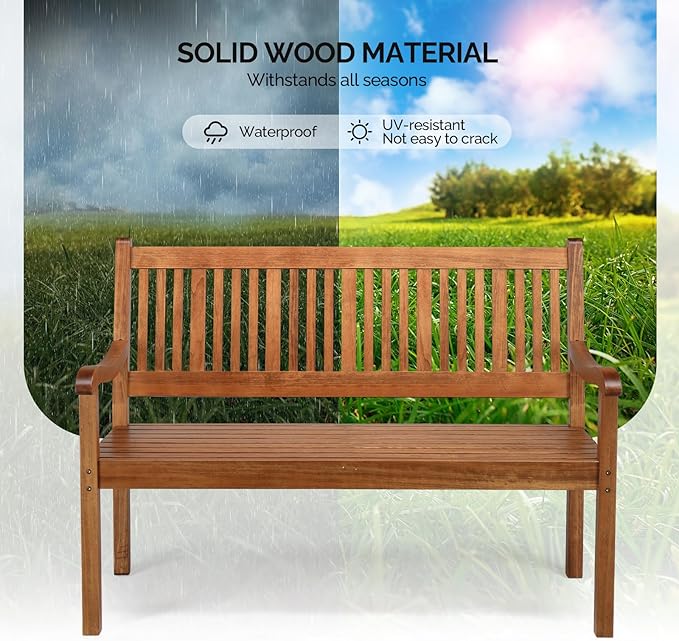 VINGLI 50" Outdoor Wood Bench, Weatehr Resistant Wooden Garden Patio Bench with Comfortable Backrest & Curved Armrest, 800lb Capacity Loveseat for Front Porch Park Yard Deck (Natural, Dense Slatted)