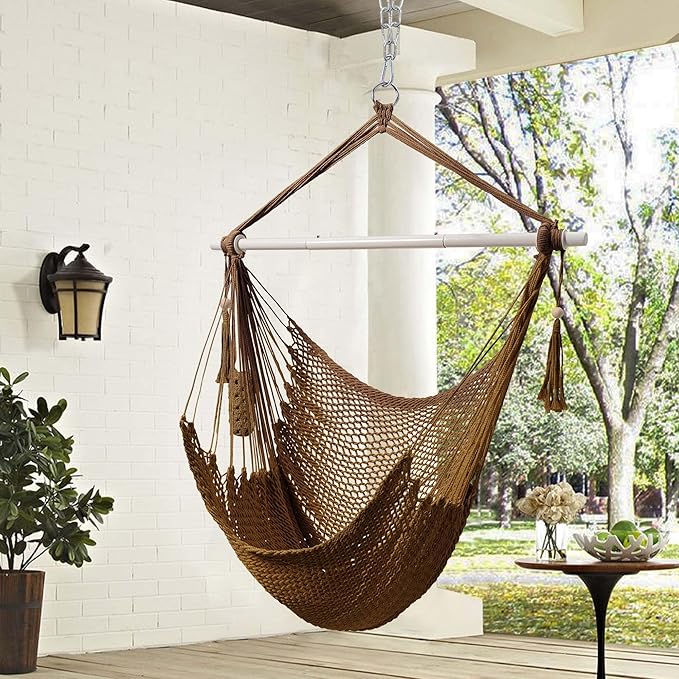 Lazy Daze Hammocks Chair Caribbean Hanging Rope Swing Chair, 40" Removable Steel Spreader Bar with Anti-Slip Rings, Soft-Spun Cotton Rope for Indoor/Outdoor Backyard & Living Room, Max 500 LBS, Tan
