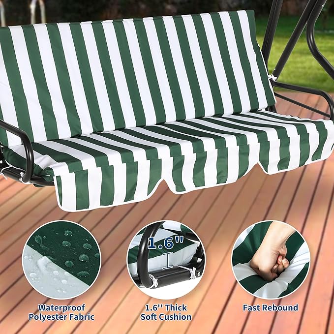 Outdoor Porch Swing Chair with Adjustable Canopy & Striped Seat Cushion for Adults 3-Seat Patio Glider Bench with Thick Cushions Steel Frame Outdoor Swing Chair for Backyard Lawn Garden Green