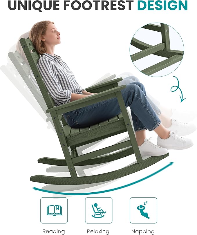 SERWALL Outdoor Rocking Chair, Oversized Rocking Chair with Footrest for Adults, HDPE All Weather Resistant Rocking Chairs for Patio, 350lbs Weight Capacity, Avocado Green