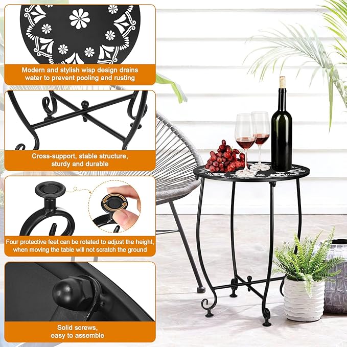 2 Pack 14Inch Outdoor Side Tables for Patio, Weather Resistant Steel Patio Side Table, Small Round Outdoor End Table Metal Side Table for Patio Yard Balcony Garden Black (Flowers)