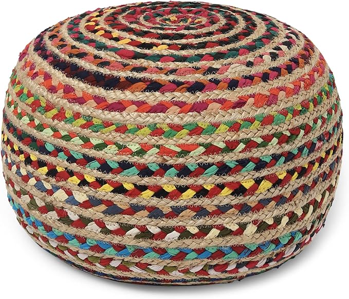 REDEARTH · Round Pouf Ottoman - Braided Boho Poof Home Décor Pouffe Accent Sitting Circular Foot Rest for Living Room, Bedroom, Nursery, Kidsroom, Lounge; Jute and Cotton (19.5"X19.5"X14"; Multi)