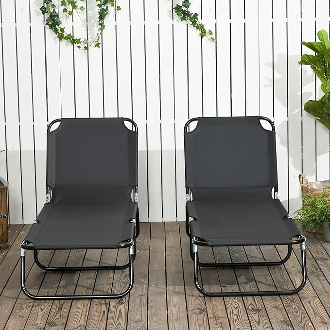 Outsunny 2 Piece Folding Chaise Lounge Pool Chairs, Outdoor Sun Tanning Chairs with 5-Level Reclining Back, Steel Frame for Beach, Yard, Patio, Black
