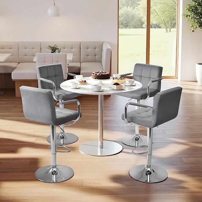 Yaheetech Velvet Bar Stools Set of 4, Adjustable Barstools with Armrest, Counter Height Stool Chairs with Thickened Seat Cushion for Kitchen Island, Dark Grey
