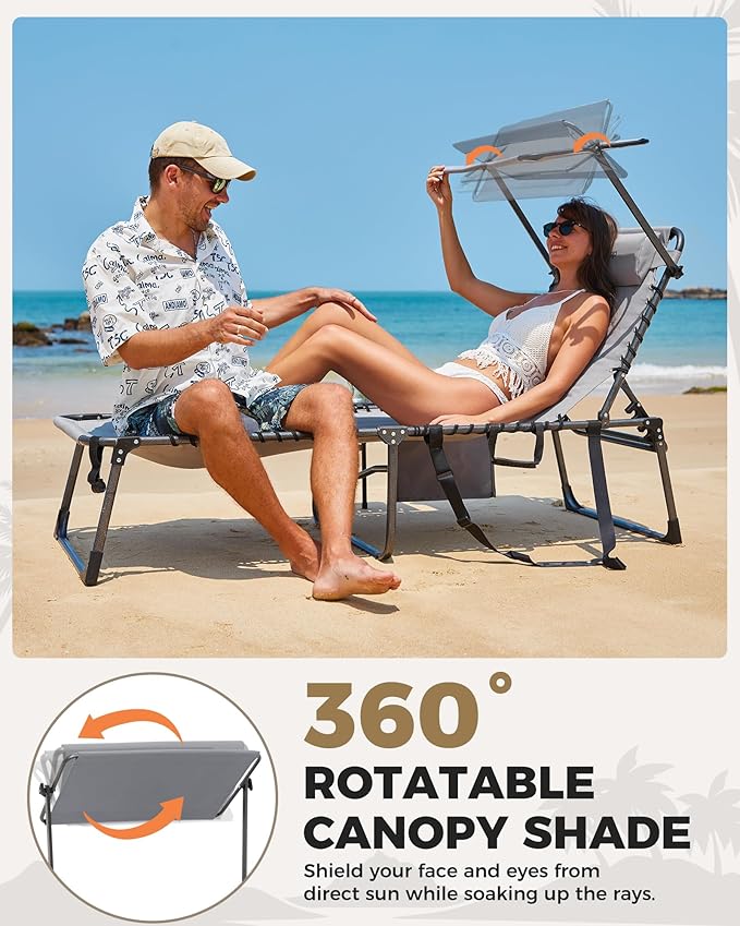 KingCamp Oversized Padded Chase Lounge Chairs, Extra-Wide Folding Tanning Chair Adjustable 5-Position 400lbs Heavy Duty Lounger with Double-Layer Oxford Canopy Shade for Outdoor Beach Patio Sun Pool