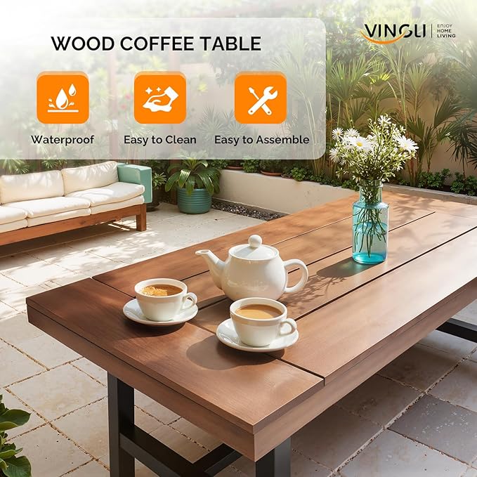 VINGLI Outdoor Wooden Coffee Table with Metal Frame - Heavy Duty 350lbs All-Weather Patio Table, Waterproof Solid Wood Top & Rust-Proof Steel Base for Balcony, Porch, Deck, Garden, Rectangle