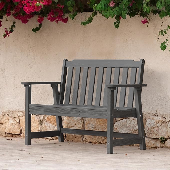 Ciokea 49" Heavy Duty Outdoor Bench, HDPE Weatherproof Porch Benches, Durable 2-Person Garden Benches with 660 Lbs, Waterproof Patio Bench for Outside Balcony Deck Backyard, Dark Grey