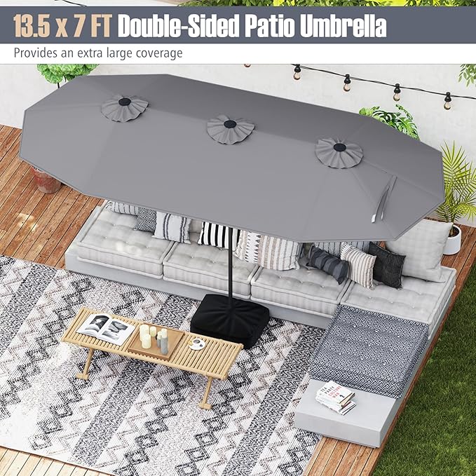 Tangkula 9 Piece Rattan Outdoor Dining Set with 13Ft Umbrella for 6, Outdoor Wicker Table Set with 6 Cushioned Armchairs, Acacia Wood Top, Outdoor Umbrella & with Base Included