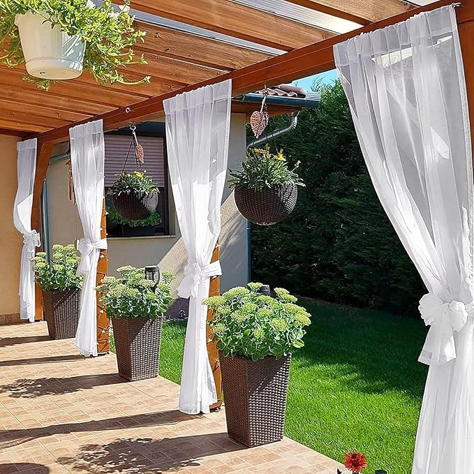 SpaceDresser Waterproof Outdoor Sheer Curtains for Patio - 2 Panels Rod Pocket Indoor Voile Sheer Curtain for Living Room,52W x 96L inch, White