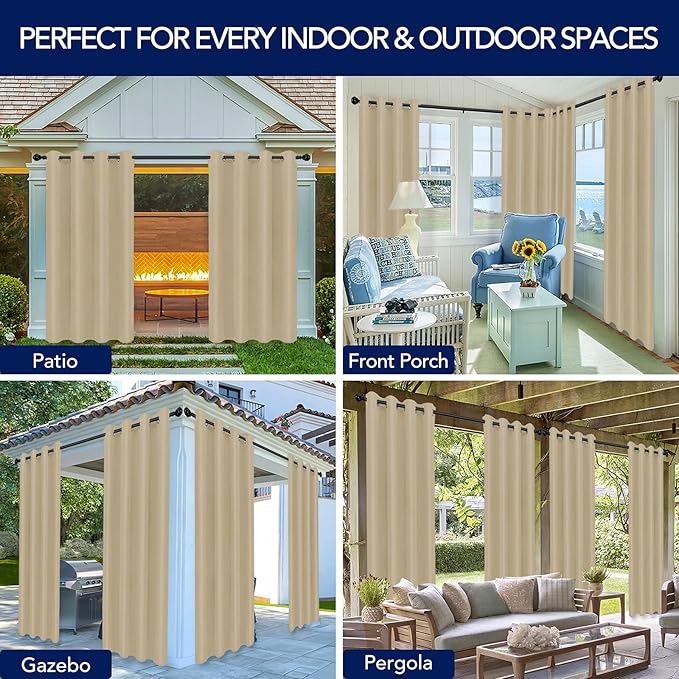 PureFit Outdoor Curtains for Patio Waterproof Weatherproof, UV Resistant Outside Curtains for Gazebo, Front Porch, Pergola, Sun Blocking Privacy Curtain, 52W x 120L inch, 1 Panel, Beige