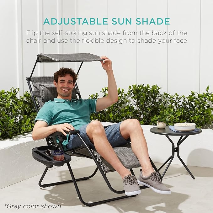 Best Choice Products Folding Zero Gravity Outdoor Recliner Patio Lounge Chair w/Adjustable Canopy Shade, Headrest, Side Accessory Tray, Textilene Mesh - Sunflower Yellow