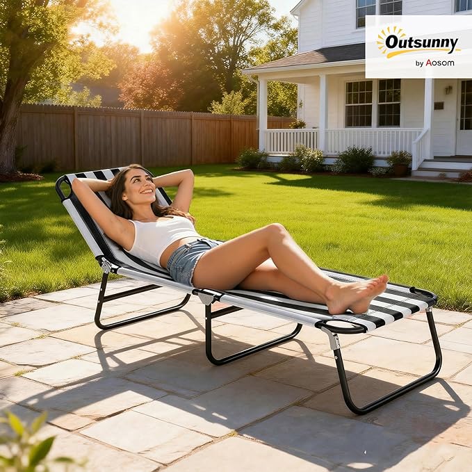 Outsunny Folding Chaise Lounge Pool Chairs, Outdoor Sun Tanning Chairs with 5-Level Reclining Back, Steel Frame for Beach, Yard, Patio, Black and White