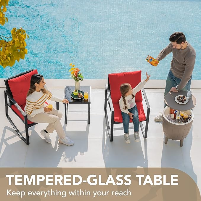 Devoko 3 Piece Rocking Bistro Set Wicker Patio Outdoor Furniture Porch Chairs Conversation Sets with Glass Coffee Table (Red)