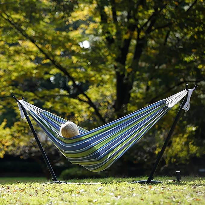 Vivere Double Cotton Hammock with Space Saving Steel Stand, Upgraded Polyester End Strings 450 lb Capacity - Premium Carry Bag Included - USA Grown Cotton (Oasis)