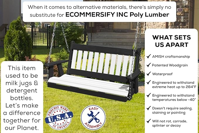 Mission Poly Lumber Wood 5FT Porch Swing Amish Craftsmandship Made in USA HDPE with No Wood fibers 1000 lbs Limit. Stainless Steel Hardware.Signature Design for Patio Outdoor Backyard Garden Park