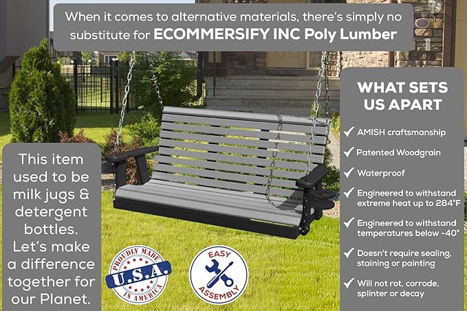 Poly Lumber Wood 4FT Porch Swing Amish Craftsmandship Made in USA HDPE with No wood fibers and 1000 lbs Limit. Stainless Steel Hardware.Signature Rollback design for Patio Outdoor Backyard Garden Park
