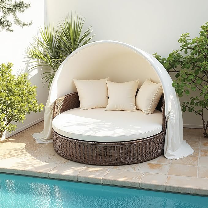 MICTONY Outdoor Daybed Cushion Cover, 66" Replacement Daybed Cover with Elastic Band, Sun Bed Cushion Cover, Outdoor Round Bed Cushion, Cover ONLY (Daybed NOT Included) (White)