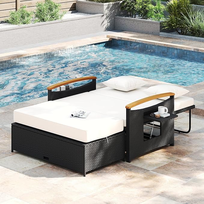 Moccha Outdoor Wicker Daybed, Patio Rattan Loveseat Sofa w/ 4-Level Adjustable Backrest, Folding Panels, Storage Ottoman & Cushions, Lounge Furniture Set for Poolside Backyard Porch (White & Black)