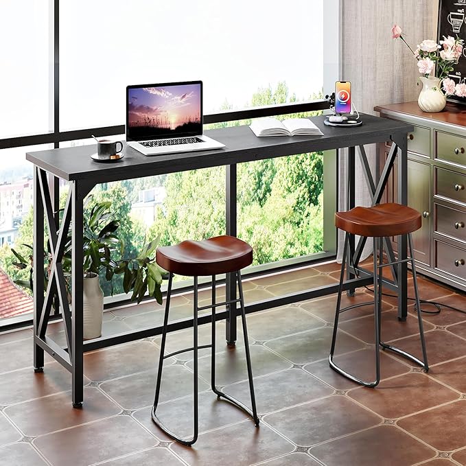 55'' Bar Table, Kitchen Dining Table with Power Outlet and Footrest, Industrial Style, for Pub, Living Room, Rustic Brown and Black TBT09UBB