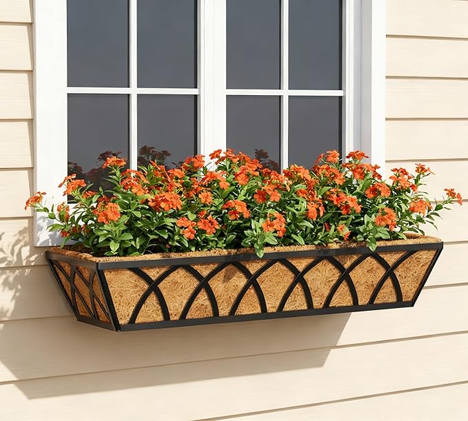 Y&M 24 Inch Window Deck with Coco Liner, Fence Metal Hanging Flower Planter Window Basket Deck Railing Planter Boxes for Outdoor Garden Lawn, 24" Window Boxes Horse Trough with Coconut Coir Liner,4pcs