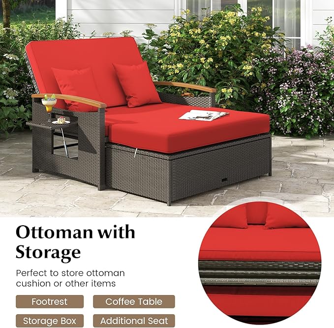 LDAILY Moccha Outdoor Wicker Daybed, Patio Rattan Loveseat Sofa w/ 4-Level Adjustable Backrest, Folding Panels, Storage Ottoman & Cushions, Lounge Furniture Set for Poolside Backyard Porch (Red)