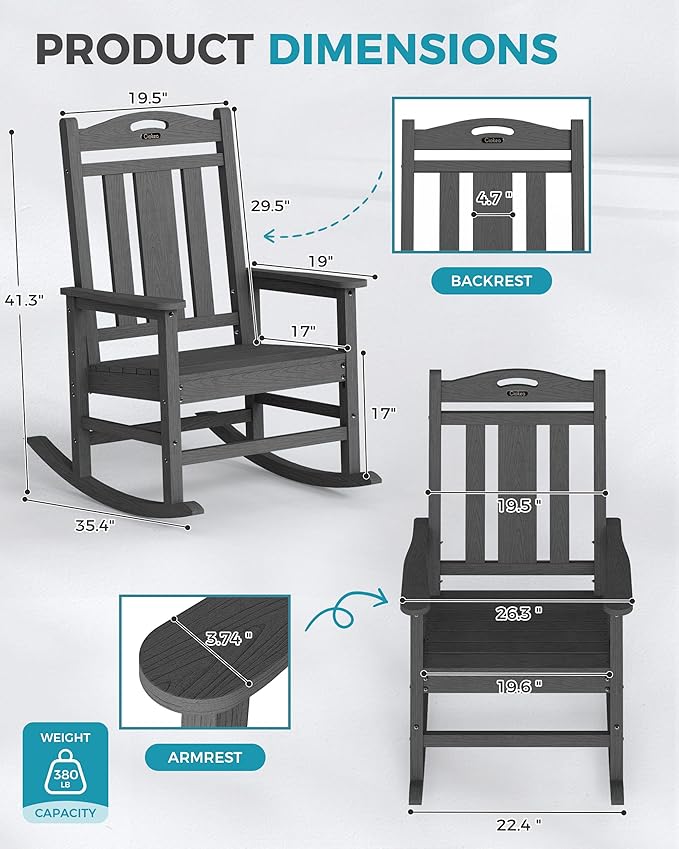 Ciokea Oversized Outdoor Rocking Chairs Set of 3, 380lbs Heavy-Duty Large Patio Rocker, High Back Cozy Porch Chairs, Weather Resistant Patio Rocking Chairs for Outside, Fire Pit, Deck, Dark Grey