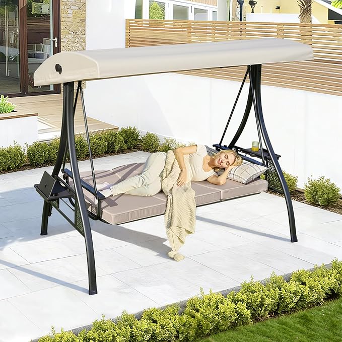 3-in-1 Convertible Outdoor Swing for Adults, Outdoor Porch Swing with Stand 800lb Bearing Capacity, 3-Seat Outdoor Swing with Canopy Adjustable, Thickened Cushions (Square, Khaki)