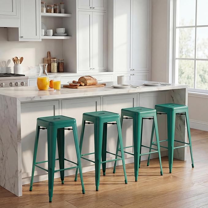 Shahoo 30 Inches Metal Bar Stools Counter Height Stackable Backless Stools, Industrial Patio Stools Indoor Outdoor Metal Kitchen Stools Set of 4 (Green, 30'')