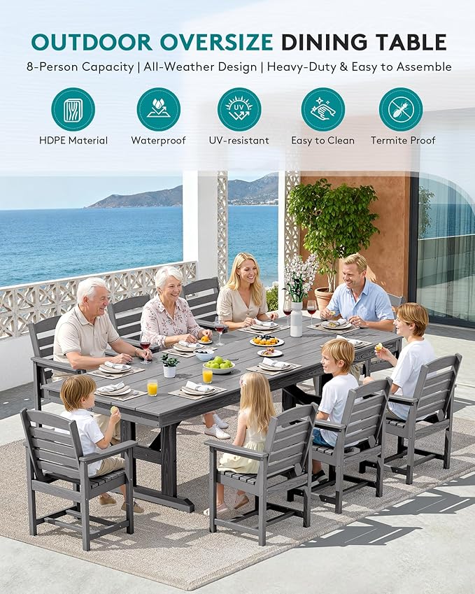 SERWALL Outdoor Dining Chairs Set of 4, All-Weather HDPE Patio Chair with 19.7" Widened Seat, for Backyard, Garden, Gray