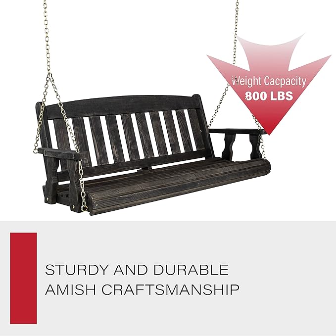 Amish Casual Heavy Duty 800 Lb Mission Treated Porch Swing with Hanging Chains (4 Foot, Semi-Solid Black Stain)
