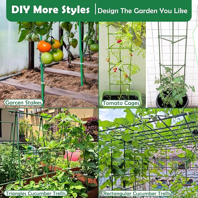 Cludoo 94PCS Garden Stakes Set with 30 Sets Fiberglass Plant Stakes Sticks Supports and Accessories, DIY 4ft 5ft 6ft 7ft Tomato Stakes for Tomato,Vegetables, Pepper, Indoor Outdoor Spring Plants