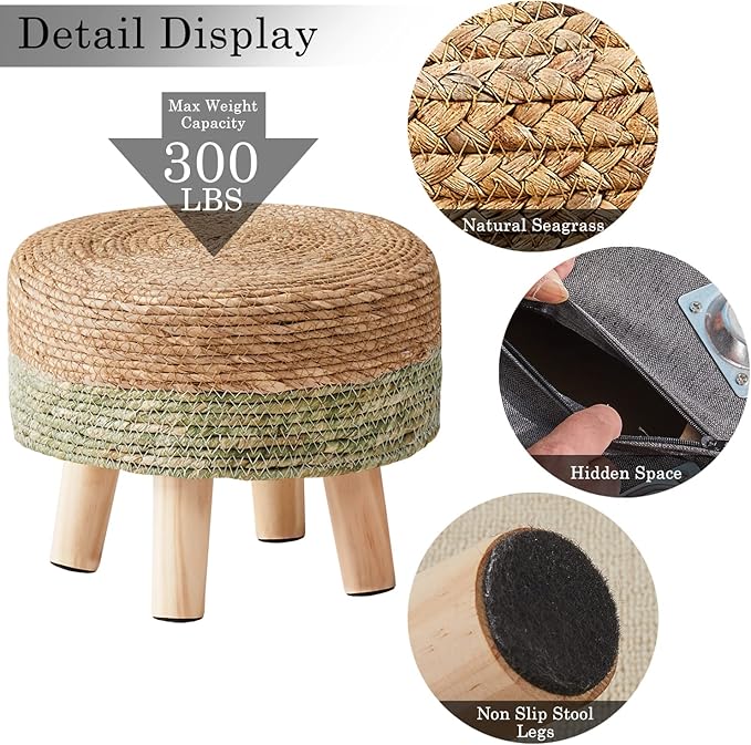 Cpintltr Ottoman Natural Seagrass Footrest Poufs Hand Weave Round Foot Stool for Couch Desk Soft Step Stool Padded Foot Rest with Pine Legs for Living Room Bedroom Natural/Green