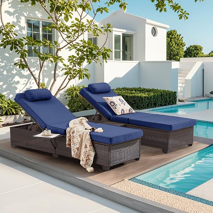 Outdoor Lounge Chairs, Pool Lounge Chairs Set of 2, Outdoor Chaise Lounge with Adjustable Backrest & Cup Holder,Light Navy Blue Cushion