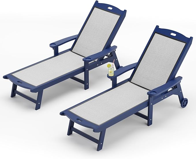LUE BONA Chaise Lounge Chair Outdoor,HDPS and HDPE Wicker Material, Patio Lounge Chair with Adjustable Backrest, Resin Pool Lounge Chairs with Wheels for Backyard, Poolside and Deck,Navy