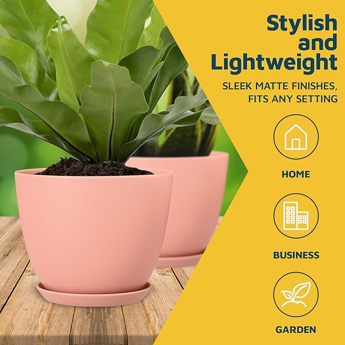 Planter Pots with Drainage Holes - Lightweight, Durable, and Space-Saving Pots for Indoor and Outdoor - Versatile Functionality, Simple Modern Design, Set of 5 Plastic Planter Pots - Pink